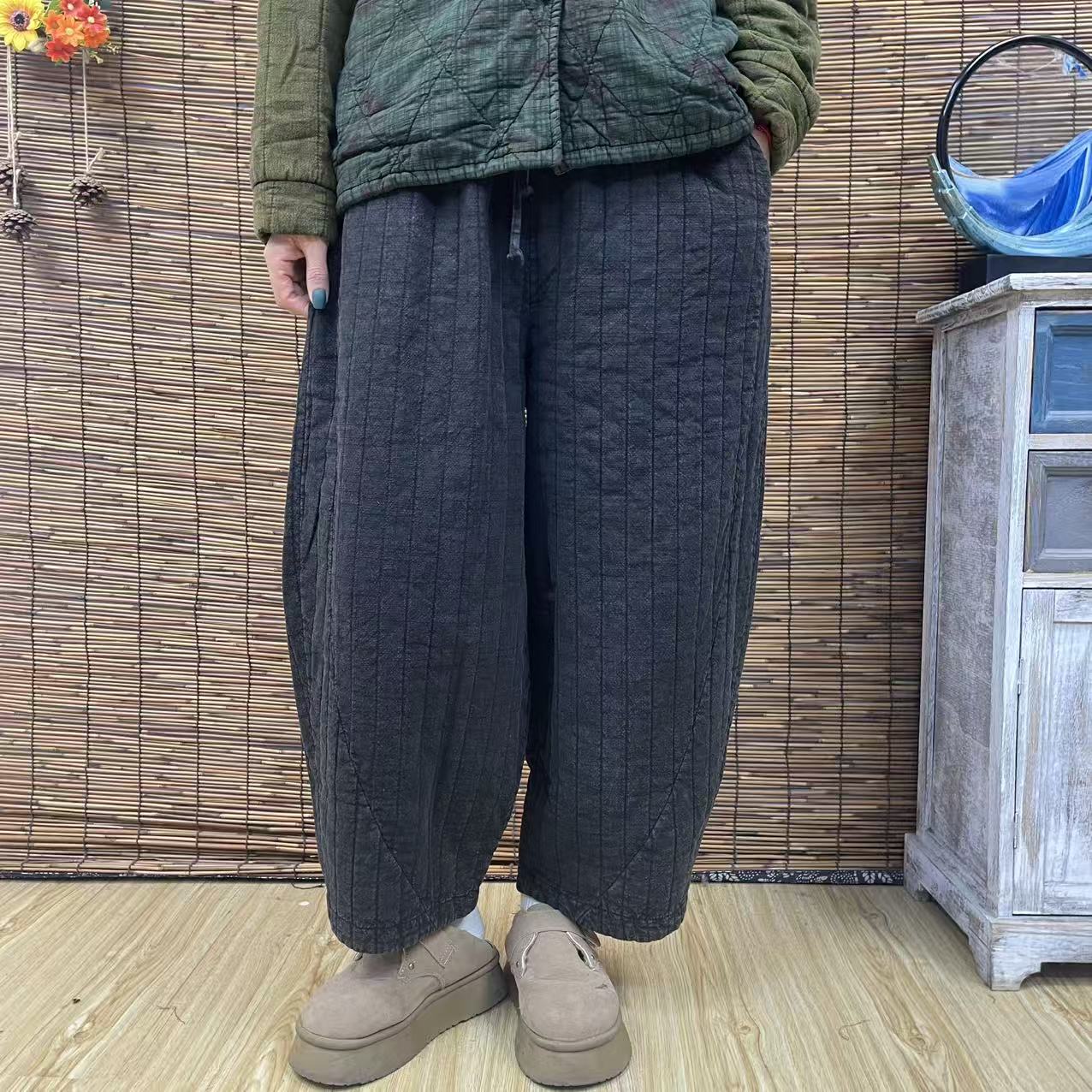 6370黑色竖条加厚萝卜裤女2025新款秋冬加棉休闲棉裤