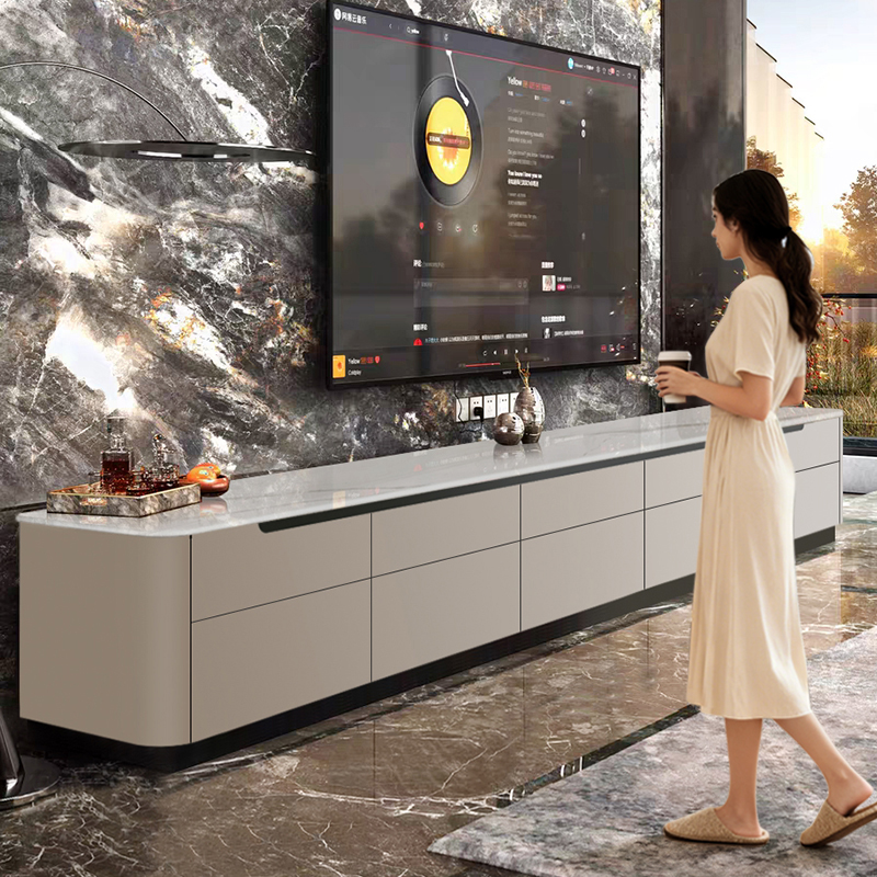 轻奢实木双层落地电视柜茶几组合现代简约高柜客厅微晶石家用