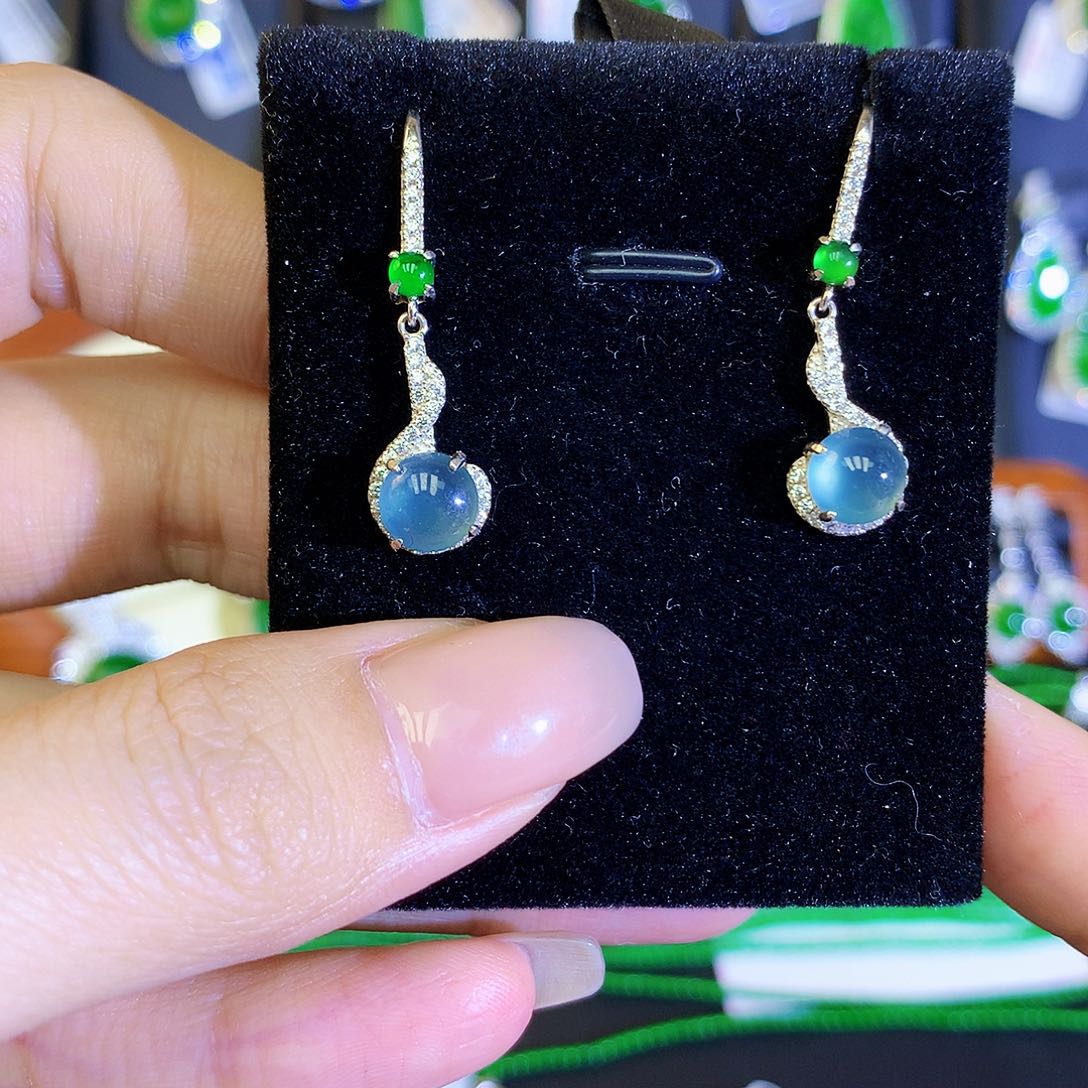 翡翠耳饰银S925镶嵌天然翡翠耳勾