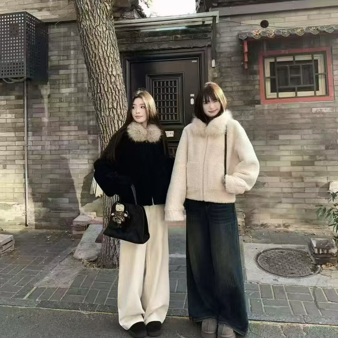 复古大毛领羊羔毛外套女初冬季新款皮毛一体加厚毛绒休闲夹克上衣