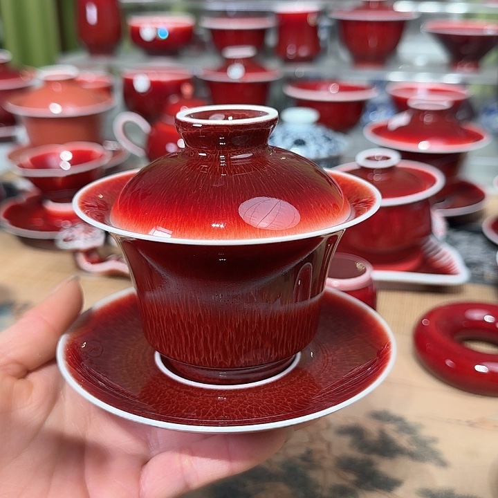 景德镇陶瓷红马坊盖碗