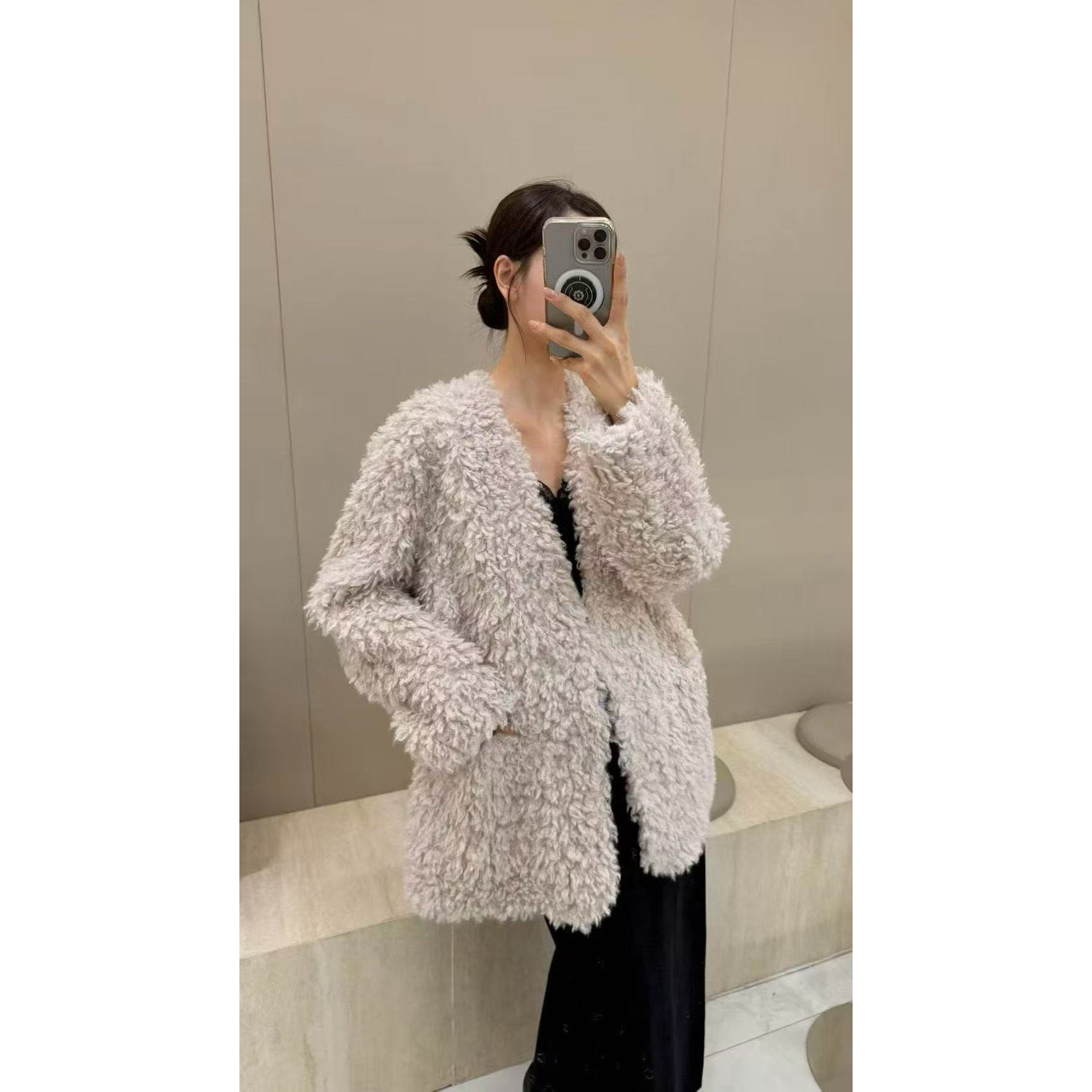 摩登 福（1mdv95685#）长款的- 卷卷毛无领保暖百搭外套 12-25