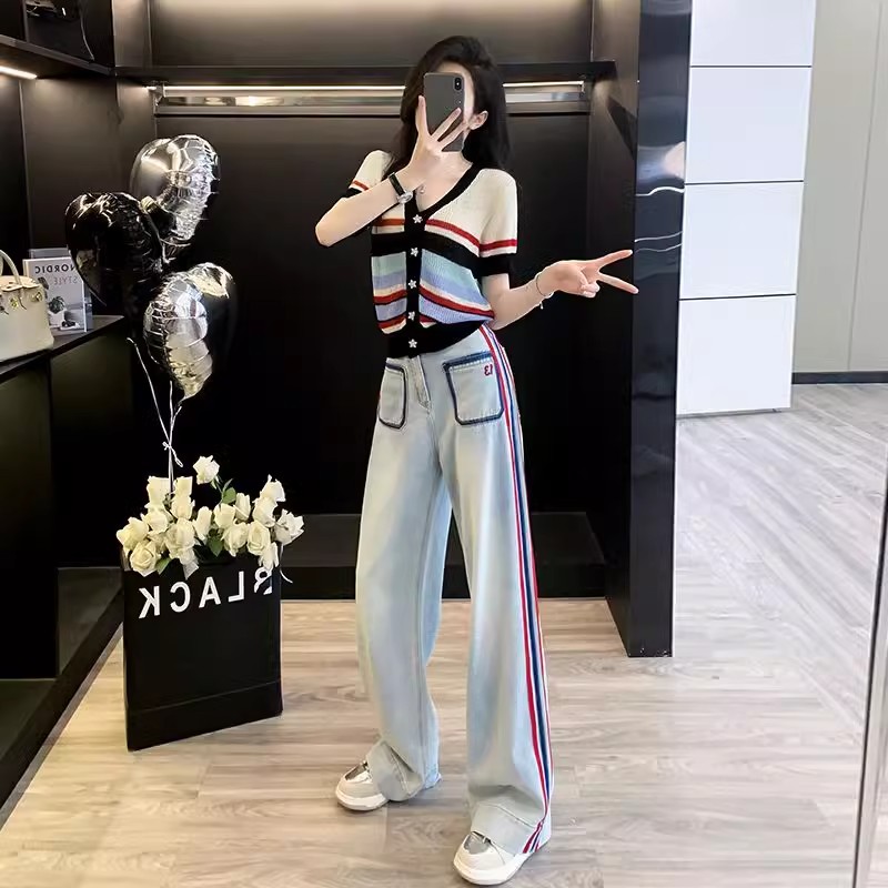 韩版简约侧边条纹设计感宽松牛仔阔腿裤女高腰显瘦时尚百搭直筒裤