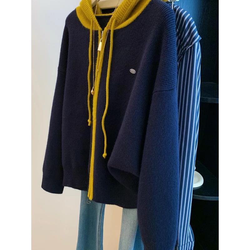 玲姐定制-拼接撞色连帽女秋冬外套韩系慵懒高级感针织开衫517934