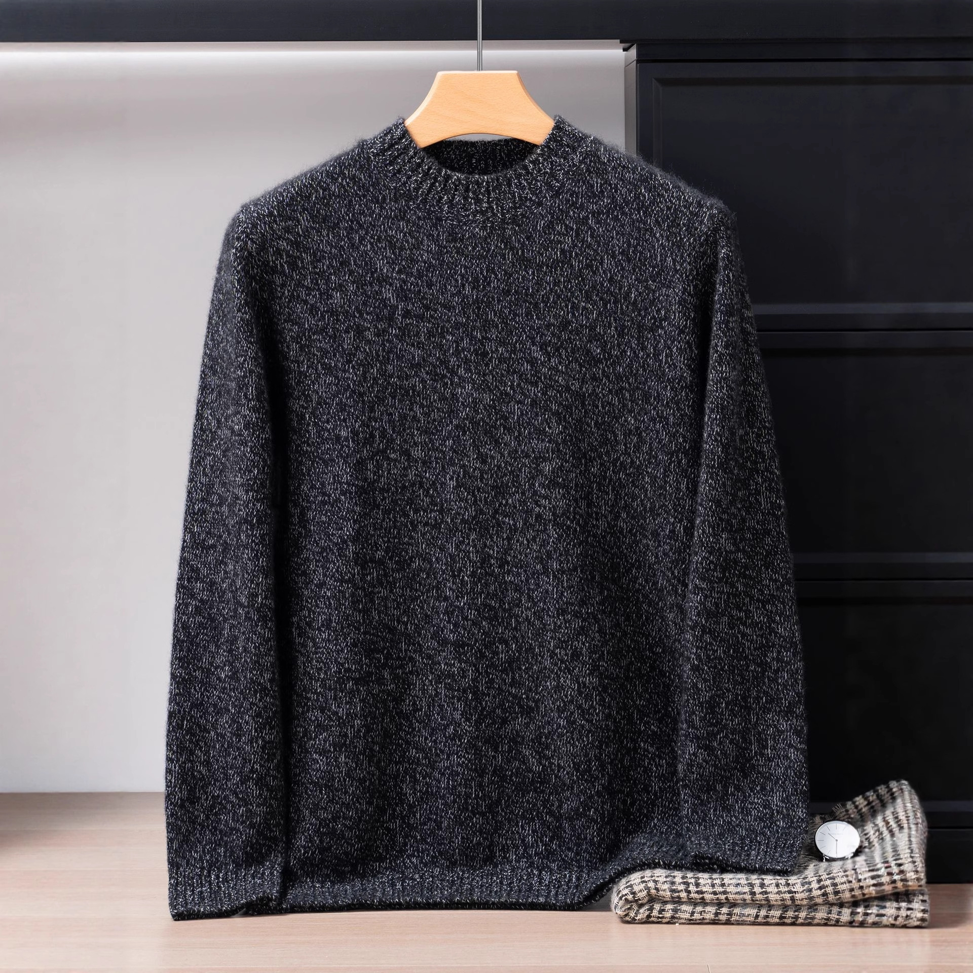 【100% 纯山羊绒】男士五针三股特厚半高领花纱 商务针织打底毛衣