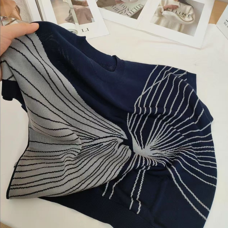 夏季时尚洋气圆领抽象图案气质高级百搭短袖针织衫1179P