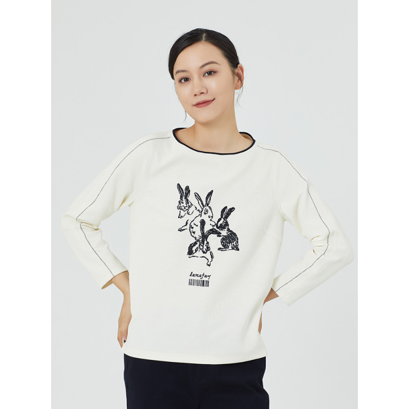 啦娜菲LANAFAY春款撞色绣花长袖T恤L3C507