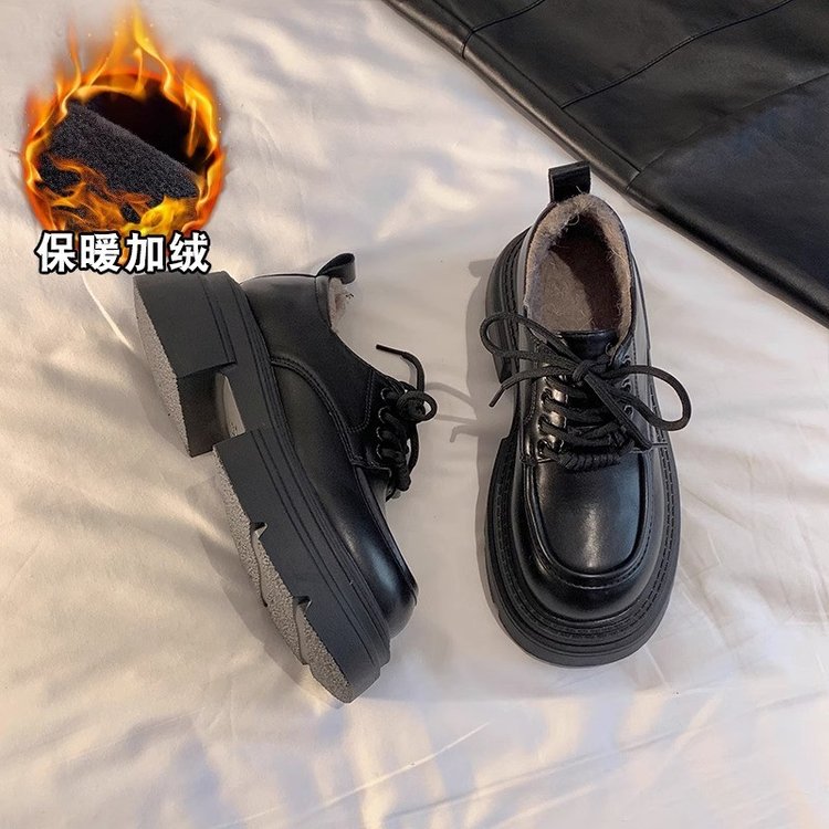 女鞋短毛绒系带PU圆头单鞋粗跟低跟(1-3cm)橡胶低帮鞋