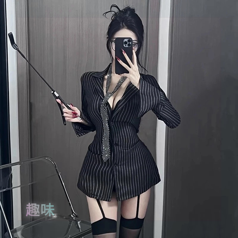 性感女秘书cos趣味制服职场风条纹衬衫纯欲教师约会战袍显瘦长袖