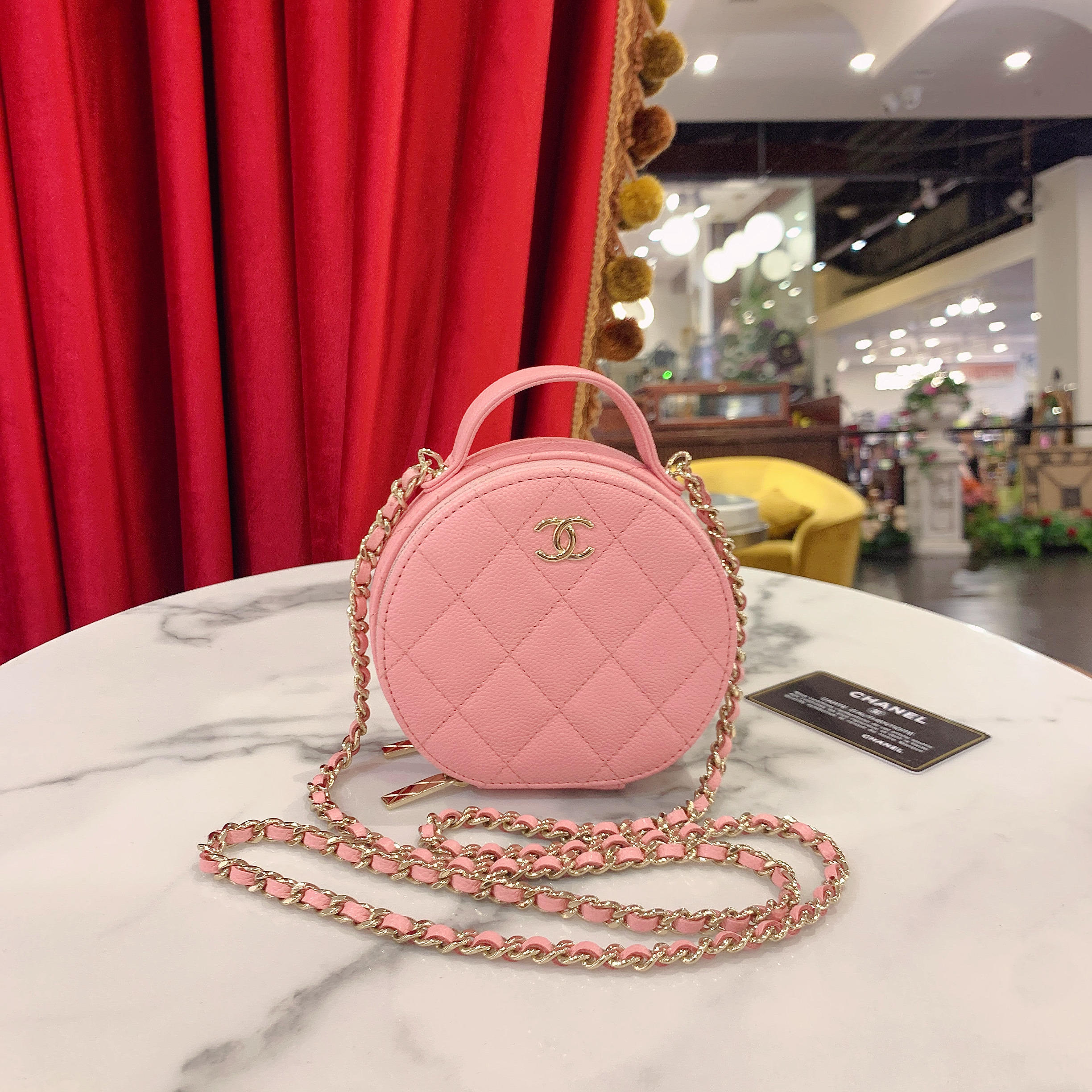 95新 Chanel/香奈儿 GGS香奈儿22c手提圆饼粉色金扣荔98532105