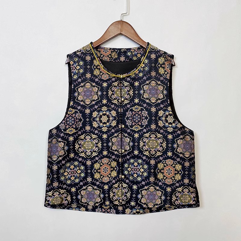 黑金宝相花新中式国风复古气质圆领对襟女士春秋款马甲