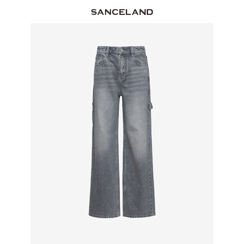 SANCELAND三石一澜夏新款灰色纯棉高腰宽松阔腿牛仔裤SJ22203172