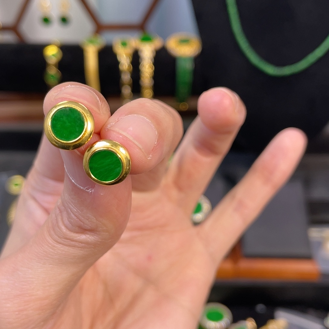 翡翠耳饰银S925镀金镶嵌