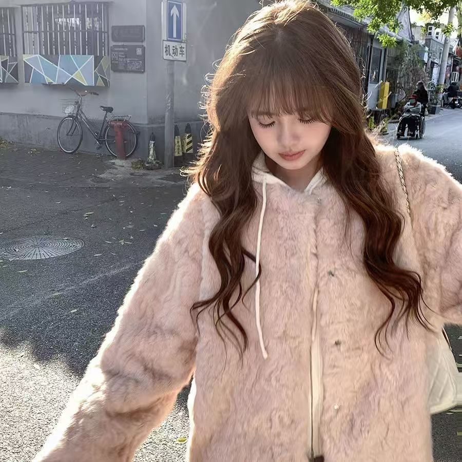 外套女秋冬无帽粉色外套女韩版气质毛绒大衣冬季ins加厚