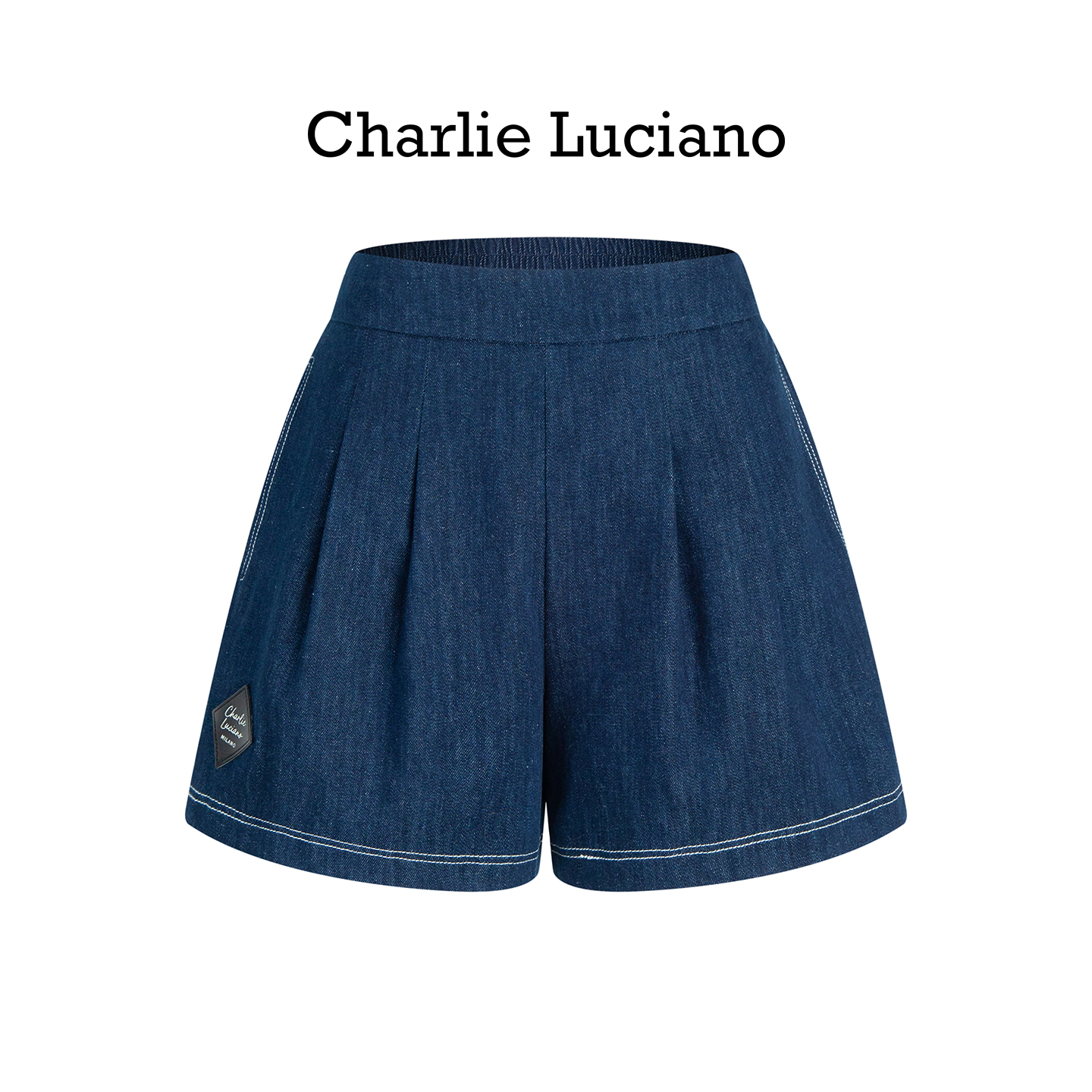 Charlie Luciano标识皮牌压褶休闲短裤高腰宽松设计感潮流裤子夏