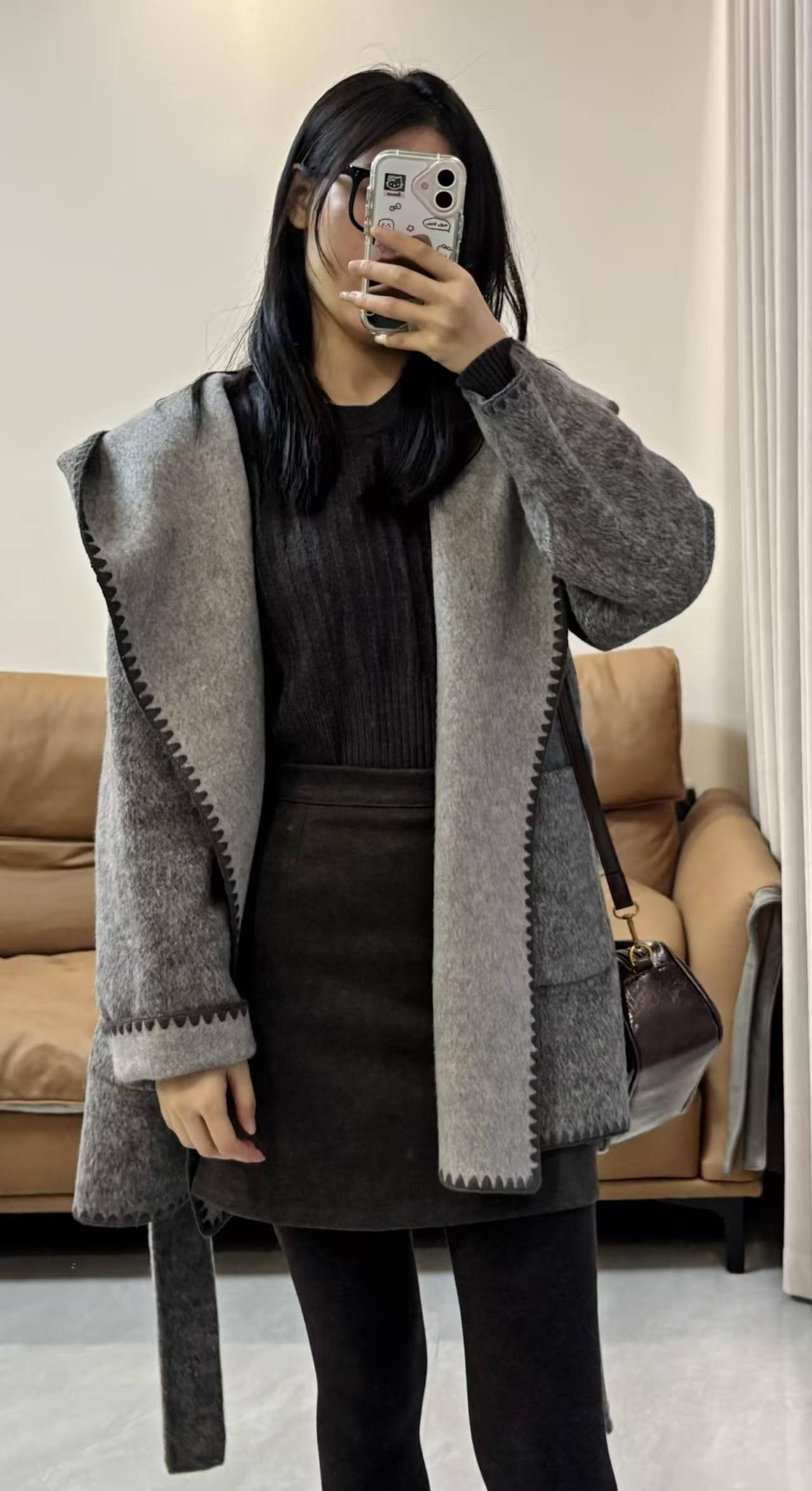 秋冬中长款韩系双面宽袖毛呢羊毛大口袋连帽灰外套