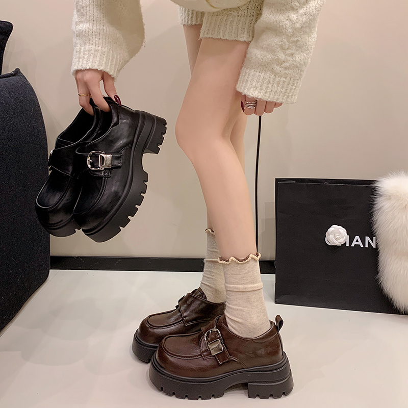 5公分欧版秋冬单鞋胶粘纯色防滑英伦乐福鞋学院风秋冬季百搭