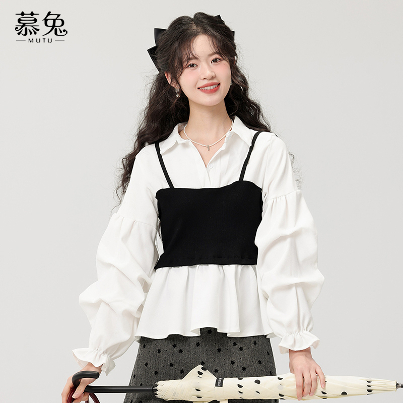 【现货】慕兔法式气质假两件白衬衫女2024秋季设计感收腰上衣