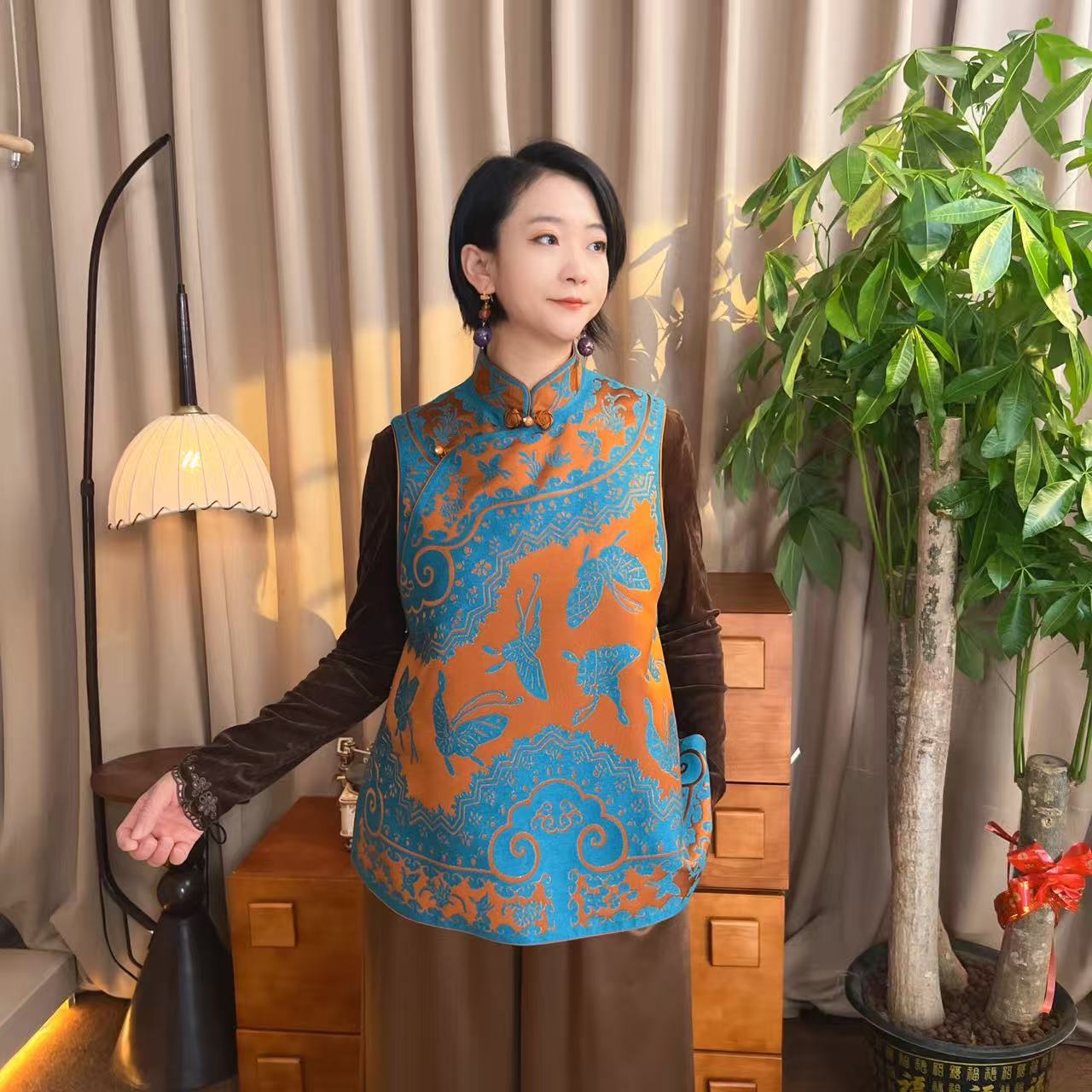 色织丝毛如意蝴蝶马甲重磅桑蚕丝马甲外套MW99041