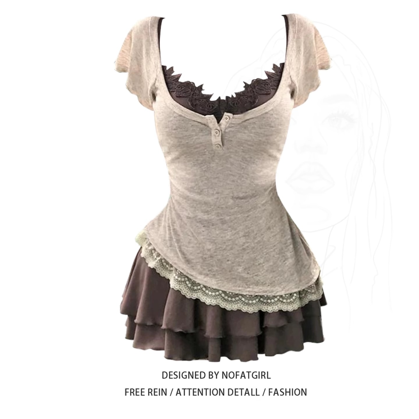 大码胖MM法式复古蕾丝拼接吊带T恤女夏季新款高腰显瘦半身裙套装