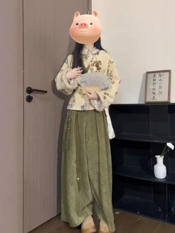 运补6-8【金玉茶】复古中国风提花加绒上衣保暖外套秋冬阔腿裤套装