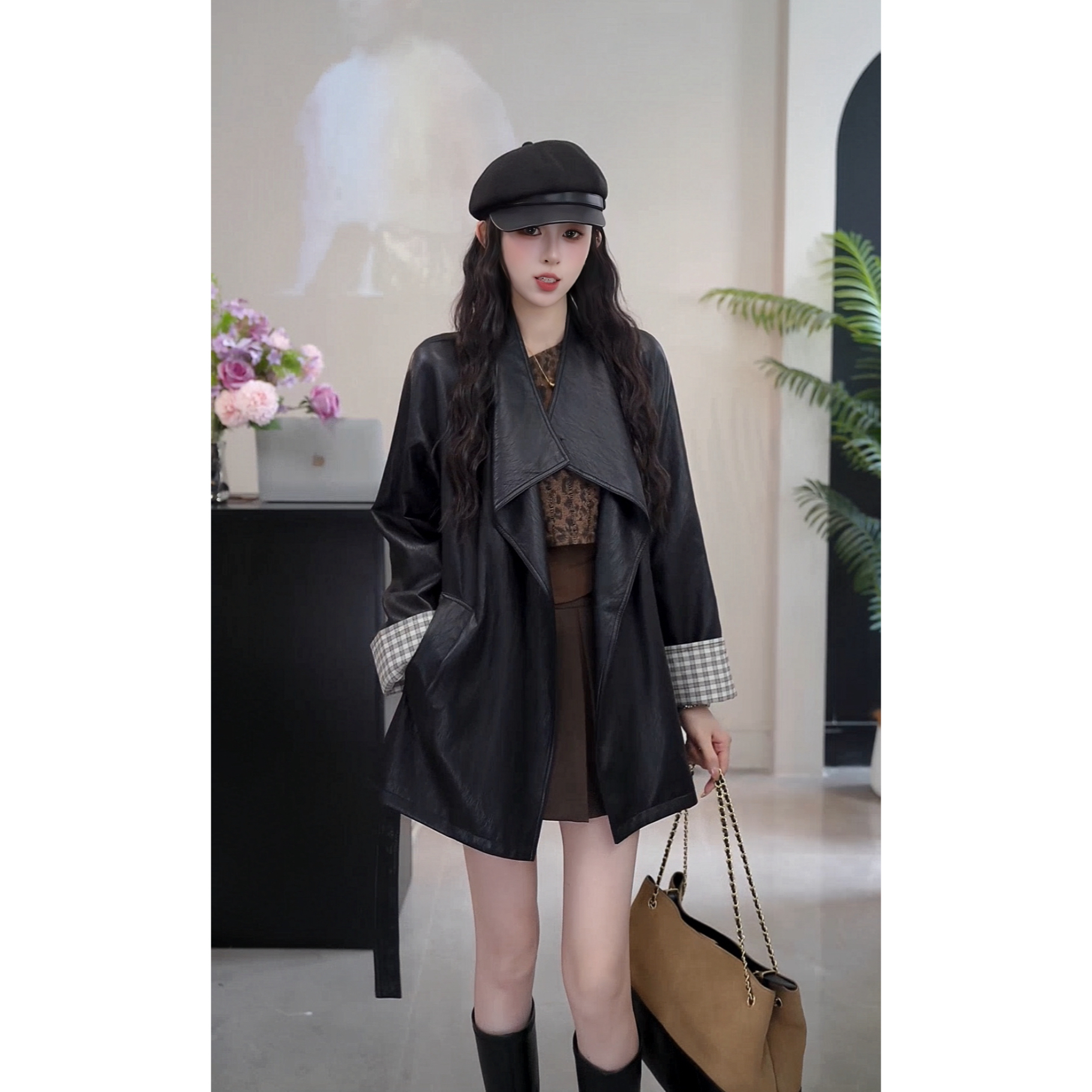 YUANLIANSU/圆脸酥【冷黑雨季】新款高级感立领韩版中长款皮衣外套