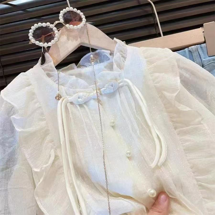 女童新中式花边领衬衫中国风宝宝荷叶边喇叭长袖上衣