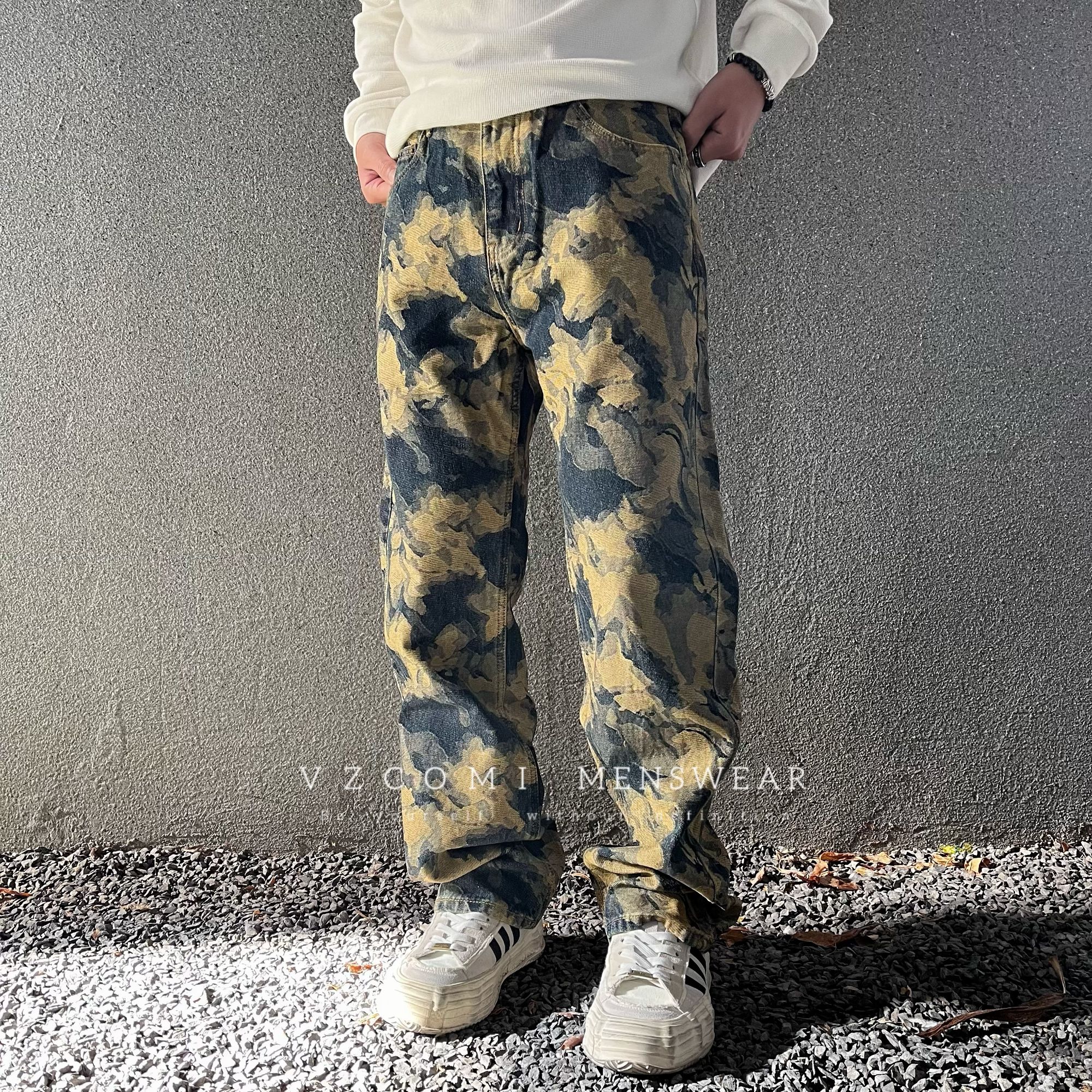 美式迷彩水洗牛仔裤男2025新款秋冬潮牌痞帅复古休闲宽松直筒裤子