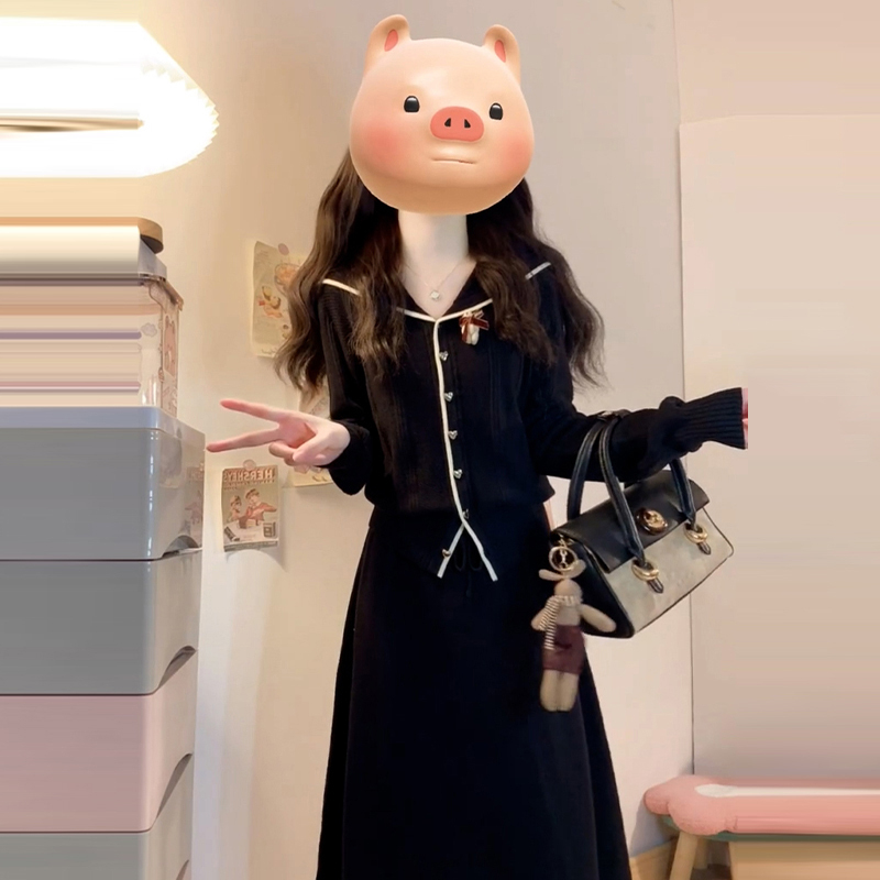 海军领小个子黑色针织连衣裙子女秋冬2025新款内搭配大衣套装7832