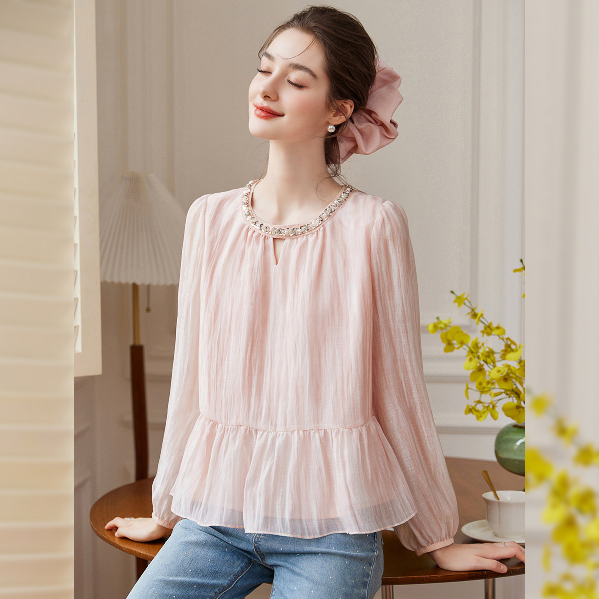 【商场同款新品】白鹿语25秋季荷叶边织带肌理感衬衫WBL20014