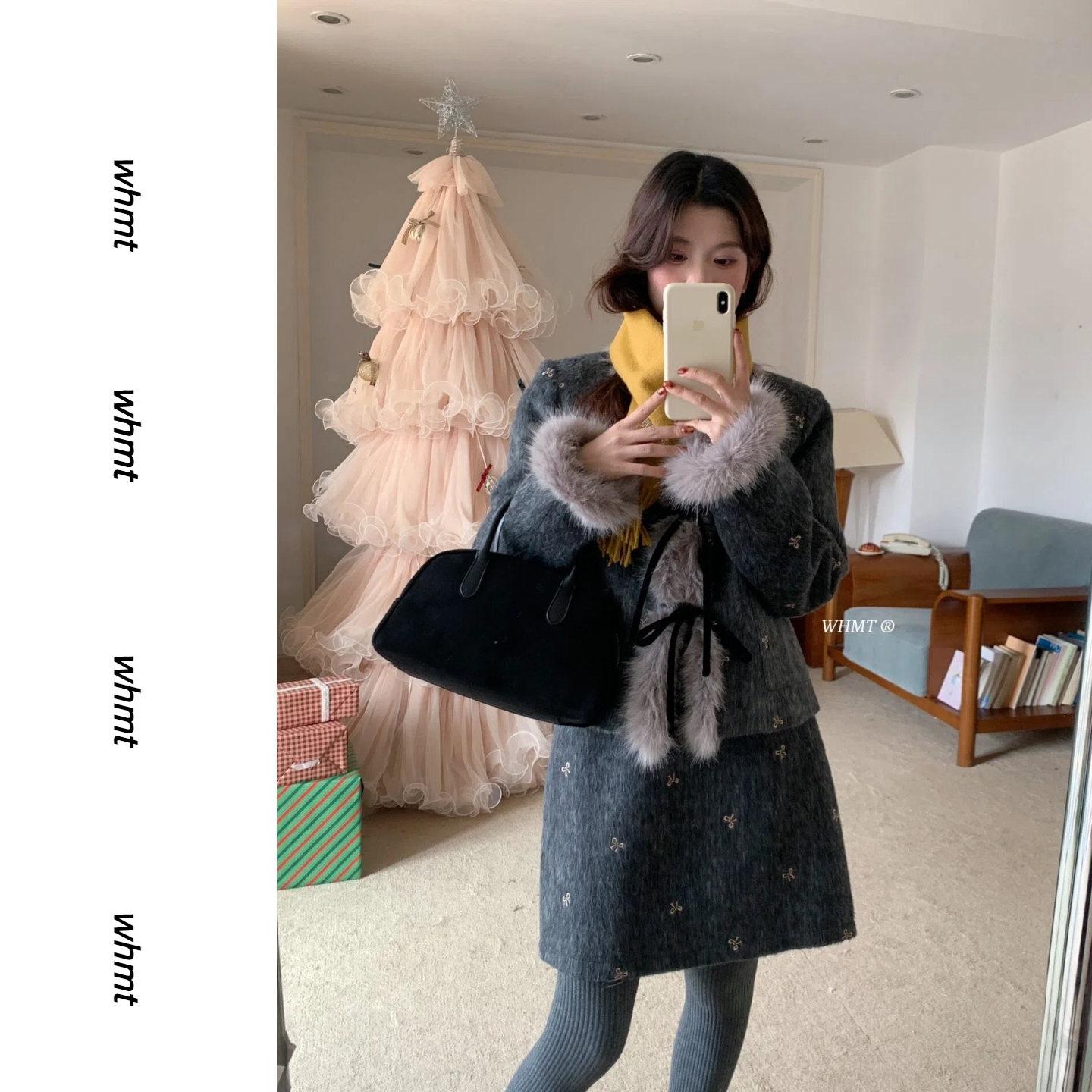 WHMT【蝴蝶毛绒】千金短裙蝴蝶结毛领西装高级套装小香风时尚保暖