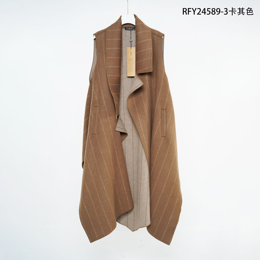 RFY24589-3 卡其色 无袖条纹大衣马甲外披589
