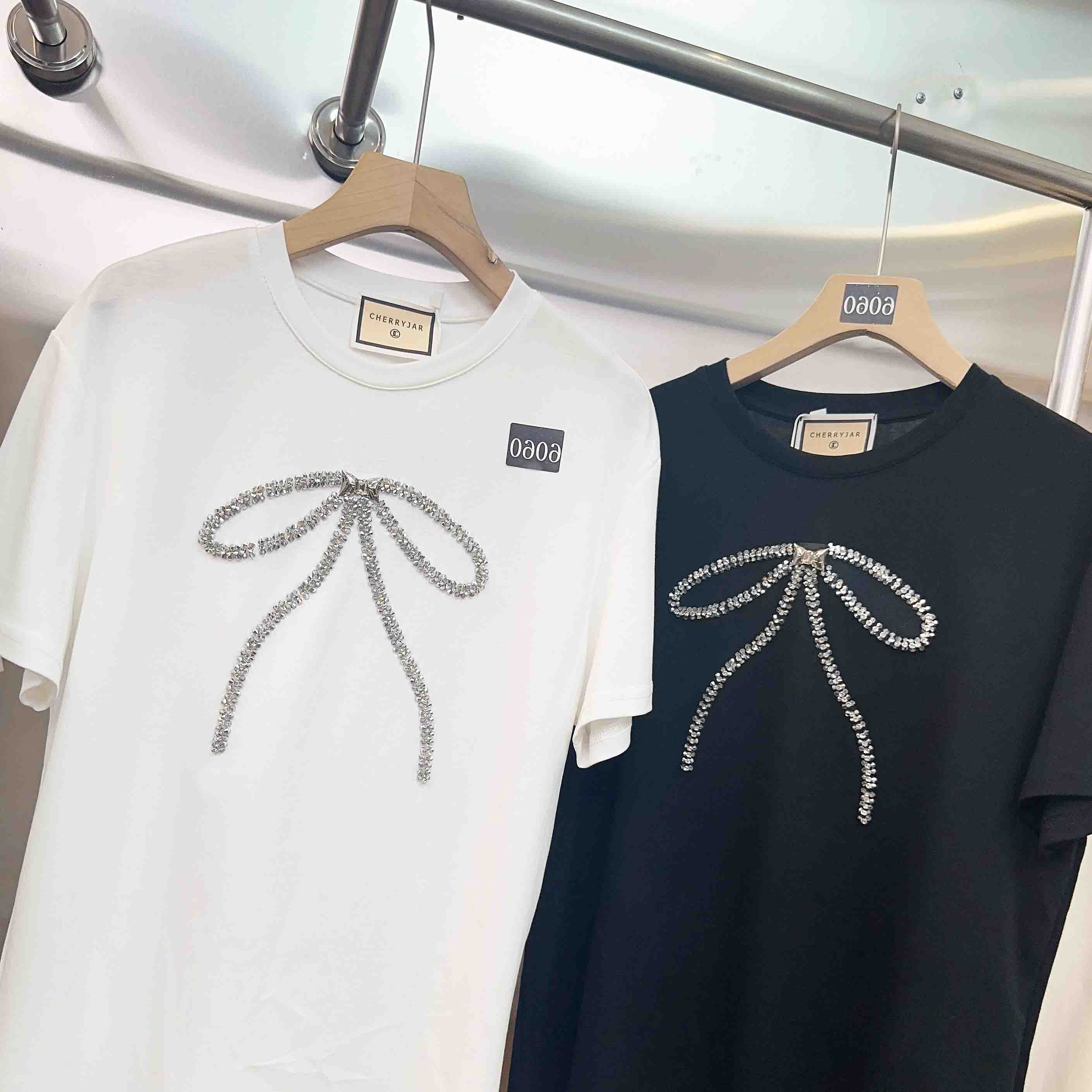 Cherryjar【6060】时尚重工蝴蝶结烫钻短袖宽松半袖高级简约百搭