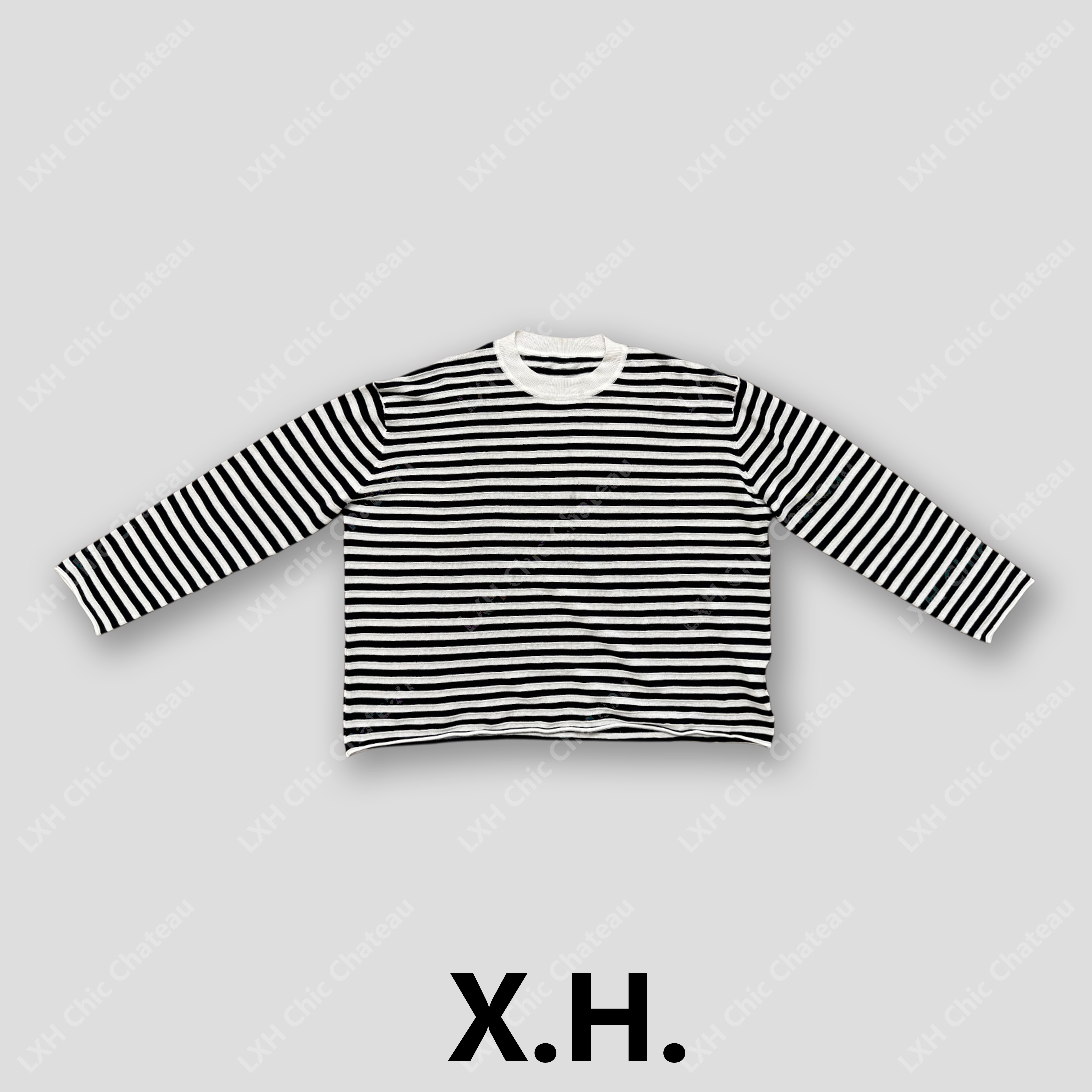 万年条纹春夏苎麻棉纹理宽松蓝白条毛织长袖针织衫（建议凉水手洗）