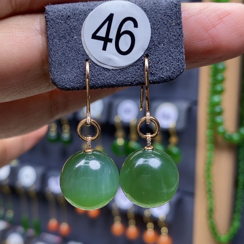 【闪购商品】和田玉耳饰18K金镶嵌13.8mm猫眼圆珠厚金耳饰