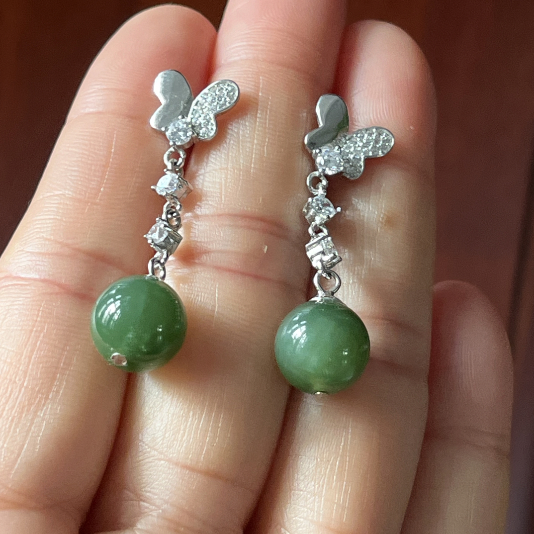 特价秒杀 天然和田碧玉925银镶嵌耳钉 单珠约10