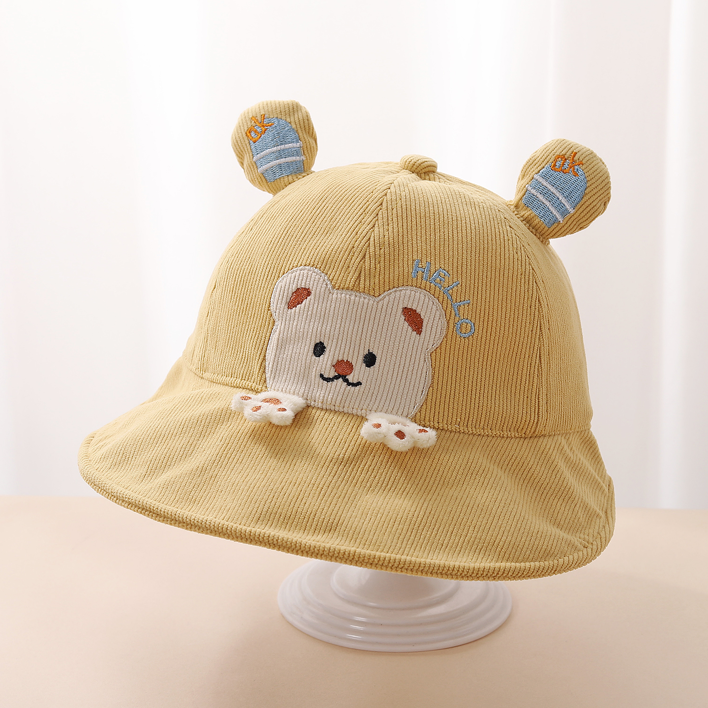 宝宝帽子春秋儿童灯芯绒渔夫帽卡通女宝遮阳帽男童防风帽可爱冬天