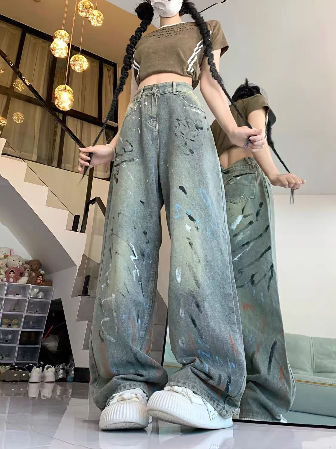 次品尾货女 春秋高腰直筒时尚宽松弹力修身韩版水洗九分夏季石榴