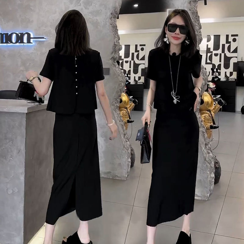 洋气减龄时尚套装裙女2025秋季新款韩版短袖上衣百搭半身裙两件套
