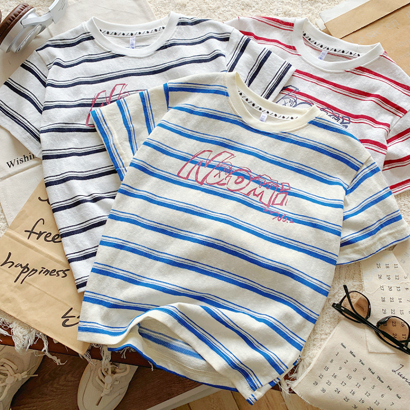 男童条纹短袖T恤夏季新款圆领撞色印花上衣男孩韩版洋气半袖衫