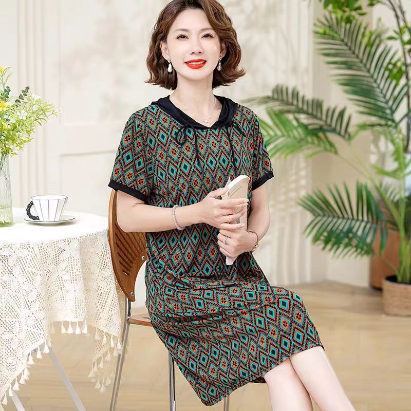 10336-夏季短袖洋气时尚碎花新款气质中长款显瘦妈妈连衣裙【依】