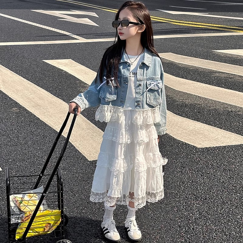 女童秋季花边牛仔外套套装2025新款中大童洋气时髦蛋糕裙两件套潮