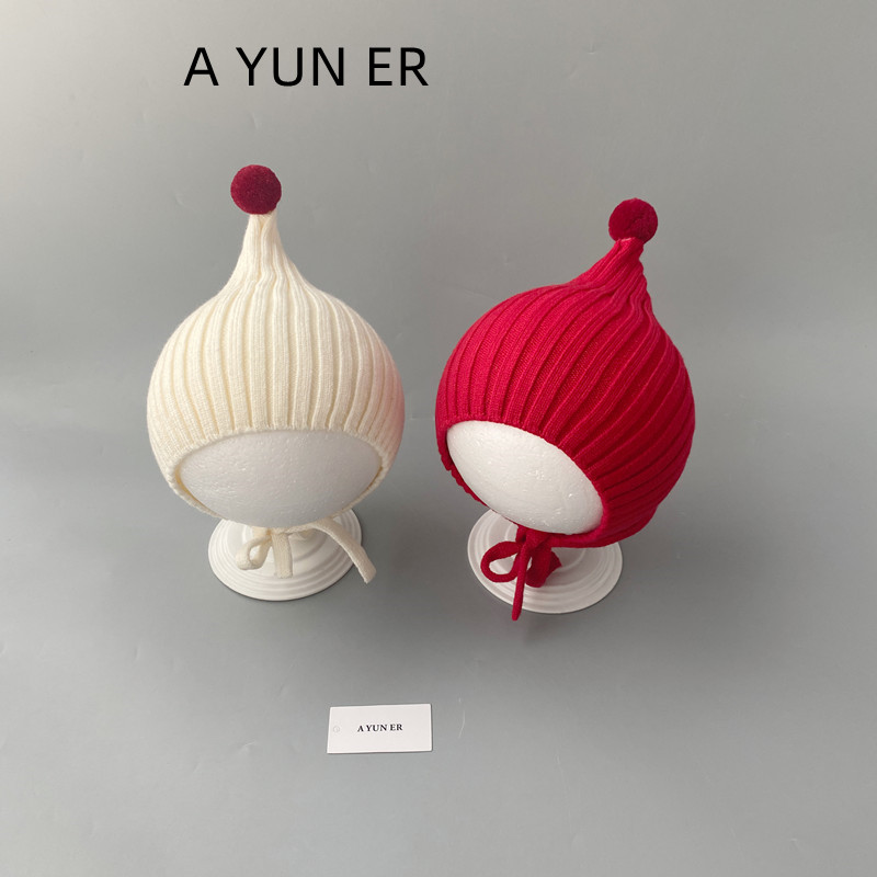 可爱宝宝毛线帽秋冬季保暖婴儿精灵帽新年红色小月龄针织护耳帽子
