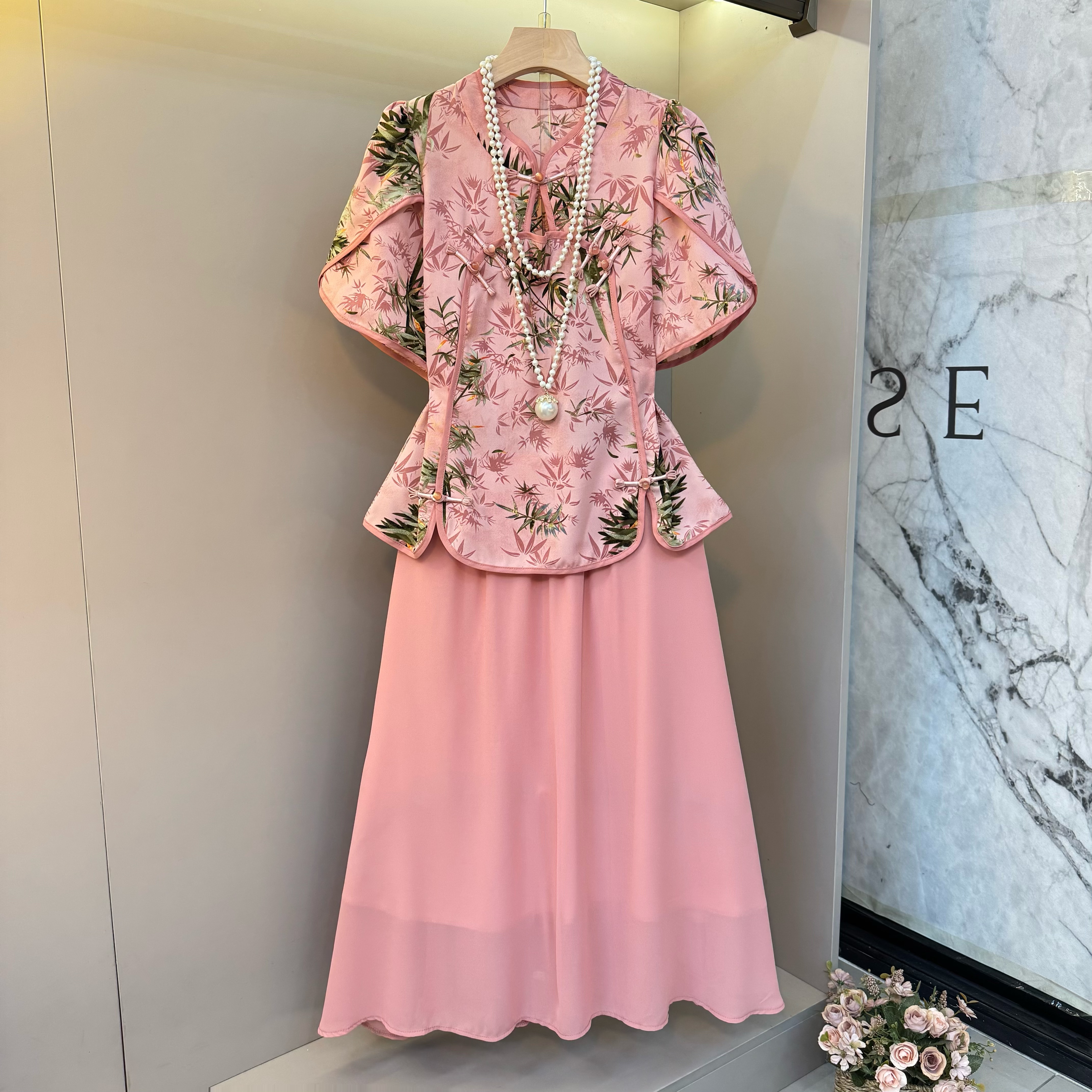 2025新款新中式国风竹子印花显瘦短袖盘扣上衣+半身裙两件套1695