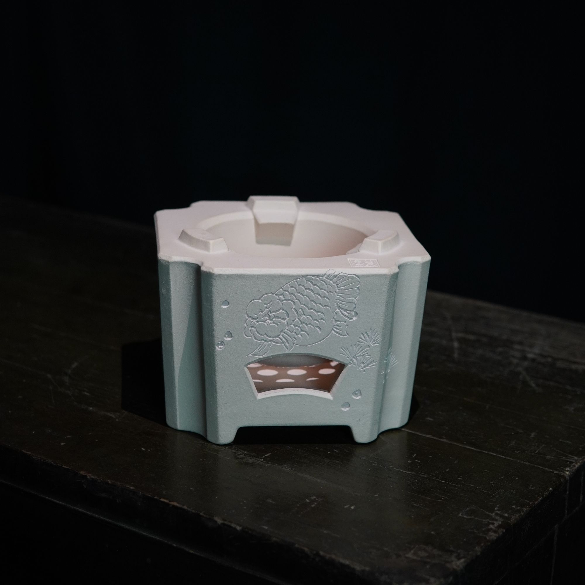 白泥手工刻绘四方炭炉四面刻绘图（高10cm直径14cm炉膛7cm）