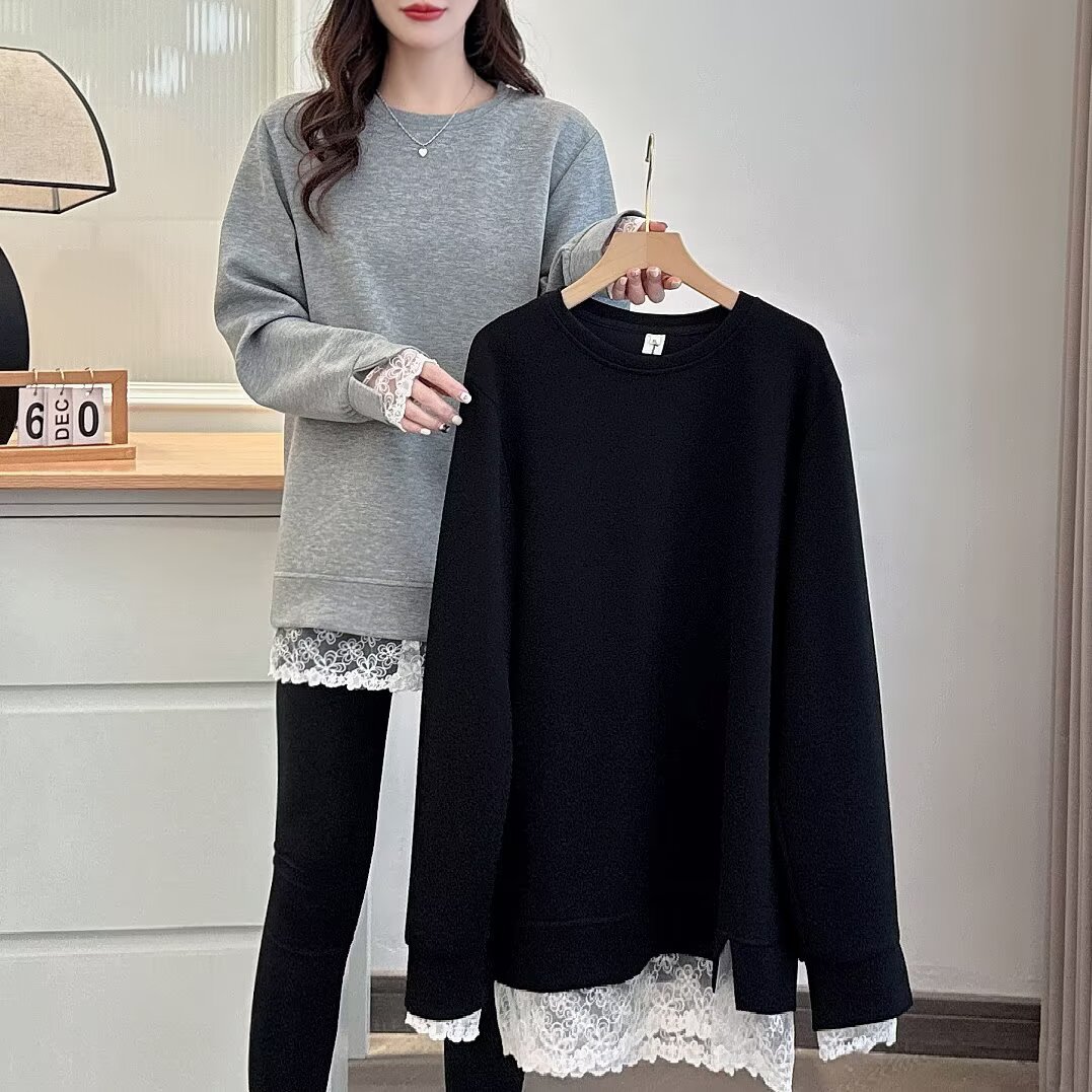 2025春秋胖mm长袖女大码设计感宽松显瘦拼接蕾丝上衣100-200斤