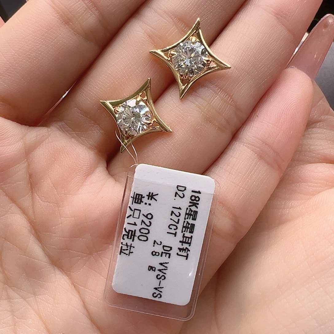 实验室培育钻石耳钉18K金镶嵌2.127克拉K黄星星耳钉单只约1克拉