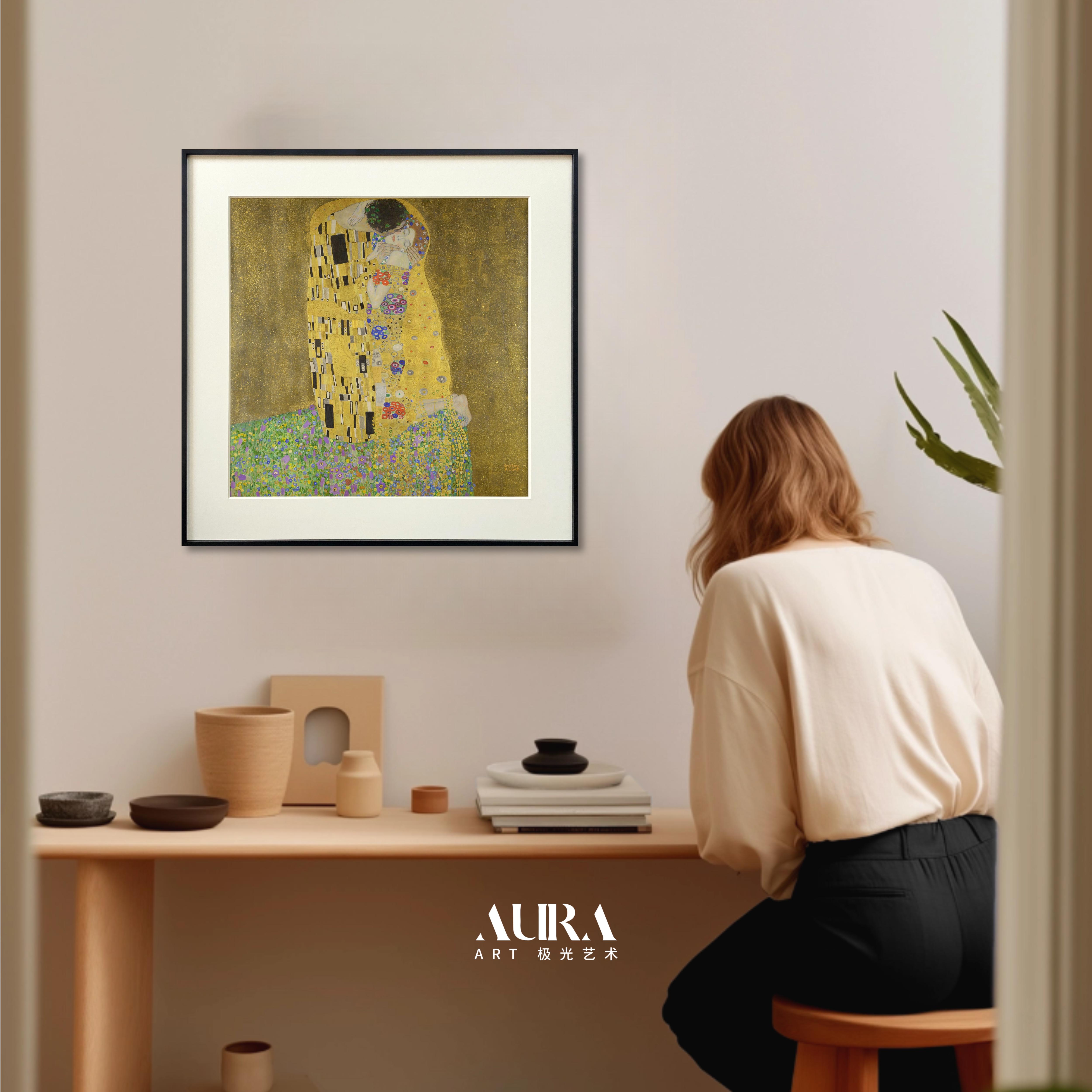 艺术装饰画《吻》——克雷姆特现代客厅手工肌理实木框装饰画