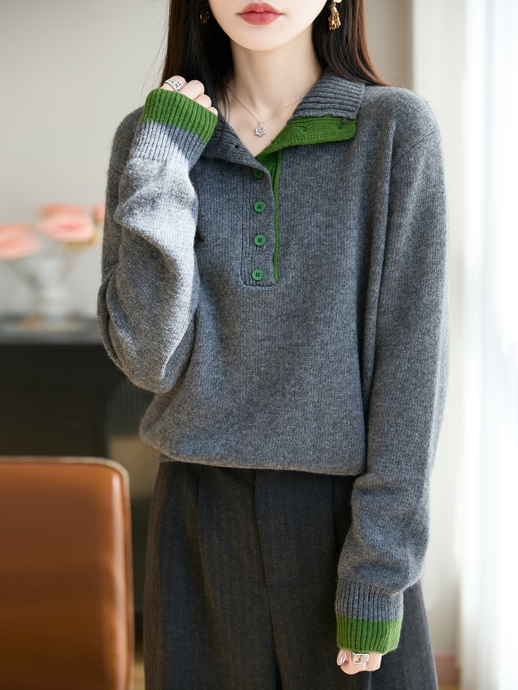 针织衫秋冬新款休闲拼色针织衫女舒适坑条显瘦针织打底毛衣