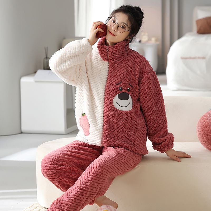 睡衣女冬珊瑚绒拉链高领高颜值甜美家居服套装